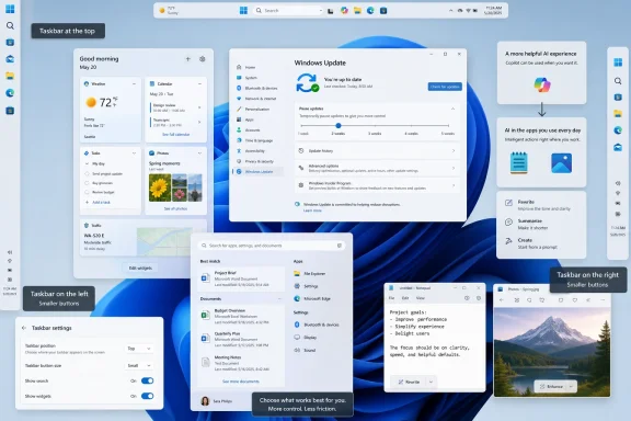 Windows 11 desktop showing Widgets, Windows Update, AI tips, and settings panels on a blue background.