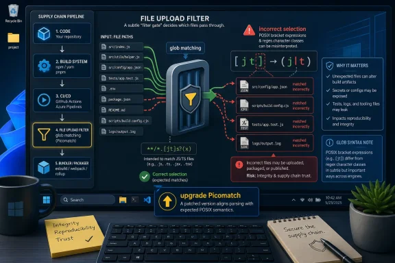 Digital diagram of a CI/CD supply chain file upload filter flagging incorrect glob syntax and integrity risk.