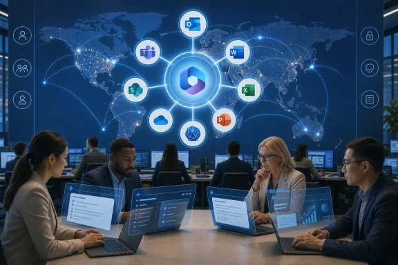 Team collaborates in an office, with a global tech cloud network and software icons on a world map backdrop.