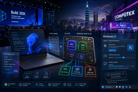 Futuristic COMPUTEX Taipei AI PC display shows Windows 11 interface, laptops, and a glowing chip diagram at dusk.