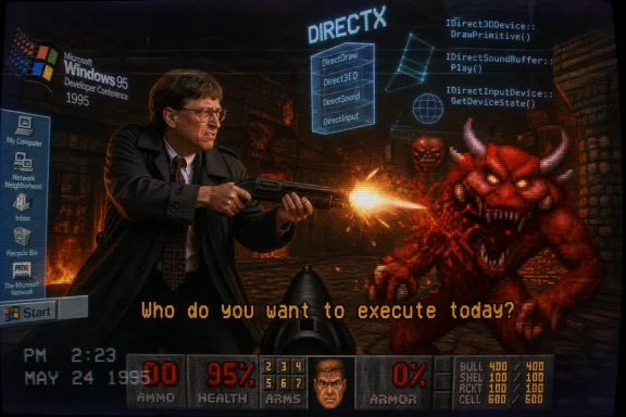 Retro Windows 95 screen shows a programmer firing a gun at a pixelated demon with “DirectX” overlays.