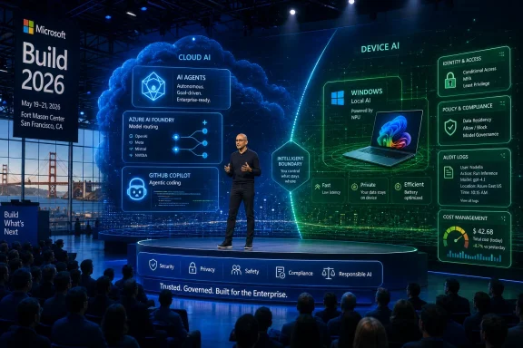 Microsoft Build 2026 keynote stage with AI/cloud graphics and a presenter showcasing Windows and security features.