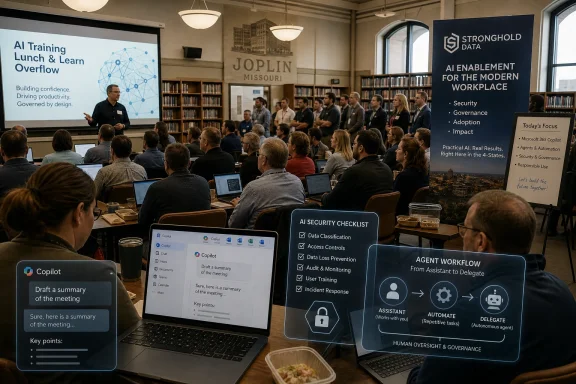 A business workshop on AI enablement and security, with slides and laptops in a conference room.