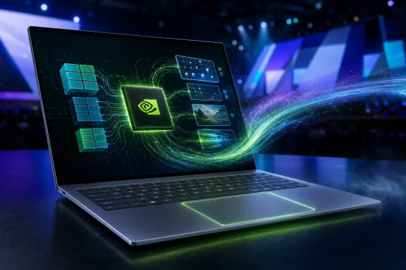 Futuristic laptop displays connected data and a glowing green interface in a blue-lit stage scene.