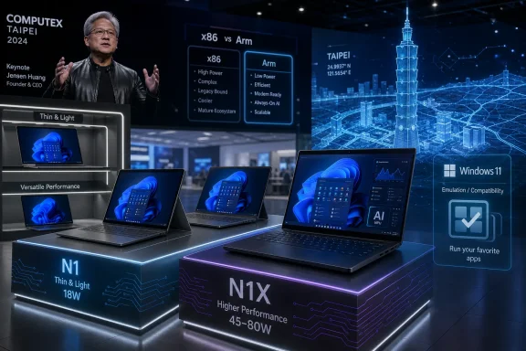 Taipei Computex stage shows Jensen Huang presenting new thin laptops with N1/N1X and Windows 11 emulation graphics.