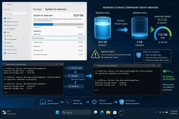 Windows storage settings show reserved storage (16 GB) with steps to disable and re-enable it after reboot.