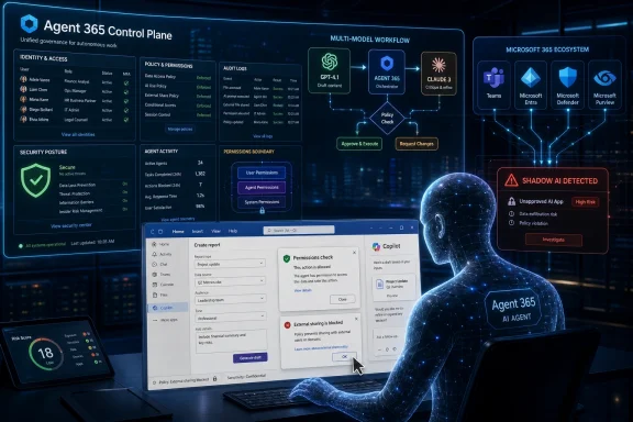Agent 365 control plane dashboard with audit logs, permission checks, and a shadow AI alert in a futuristic office.
