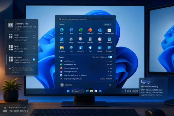Windows 11 Start menu on a dual-monitor desktop, with app grid and customization prompts.