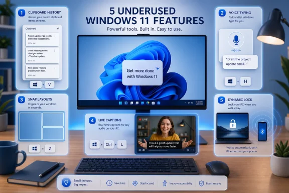 Promotional graphic showcasing five unused Windows 11 features around a laptop on a desk.
