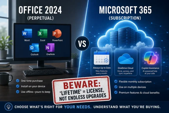 Split graphic comparing Microsoft Office 2024 perpetual vs Microsoft 365 subscription, with a “Beware: lifetime license” warning.