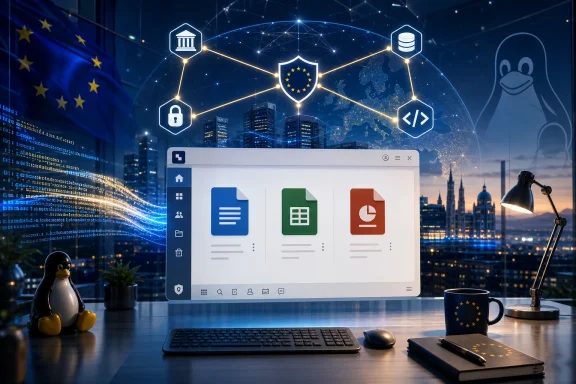 Digital EU cybersecurity network scene with connected icons, server links, and a laptop dashboard.