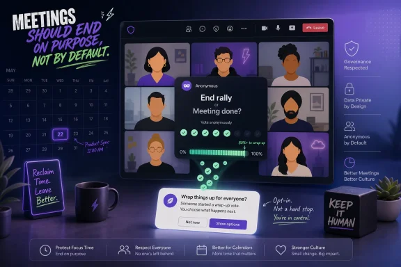 Illustrated video meeting screen with anonymous vote prompt to end the rally and wrap up.