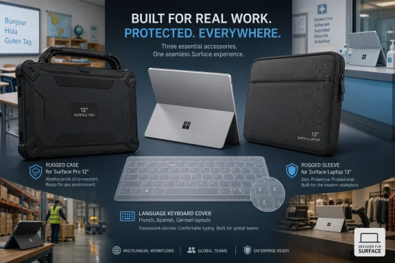 Ad image showing rugged Surface Pro case, laptop sleeve, keyboard cover, and accessories in an office setting.