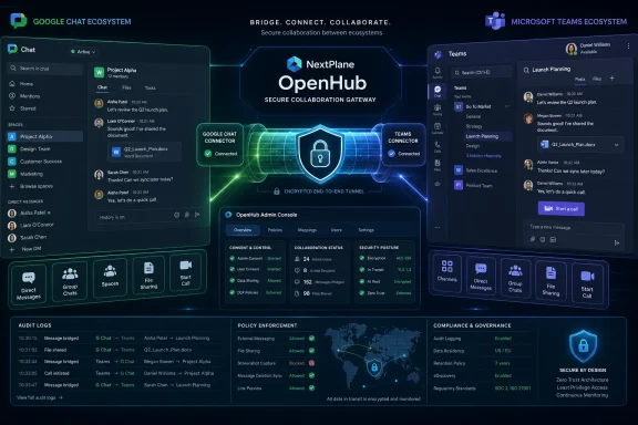 Neon dashboard showing secure collaboration between Google Chat and Microsoft Teams via OpenHub.