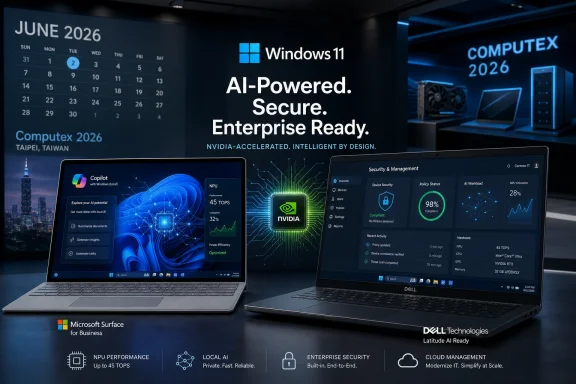 Two business laptops display Windows 11 and AI security ads at COMPUTEX 2026.