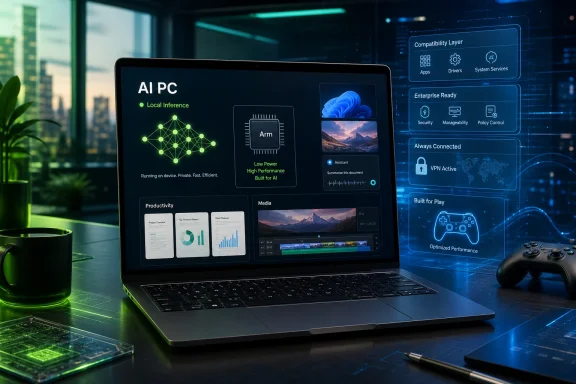 AI PC laptop display shows local inference and compatibility layers with secure, always-connected features in a tech office.