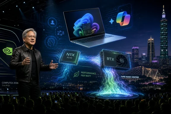 Tech conference stage in Taipei with a speaker presenting RTX/NX ARM graphics beside glowing chip icons.
