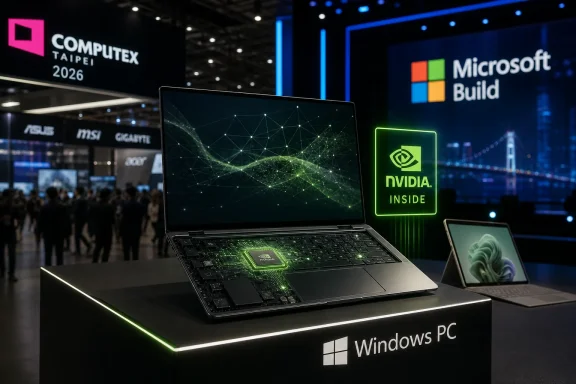 A Windows PC laptop display at a trade show with Nvidia and Microsoft Build branding in the background.