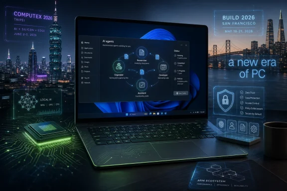 Futuristic laptop display shows AI agent management and security icons against a neon city skyline backdrop.