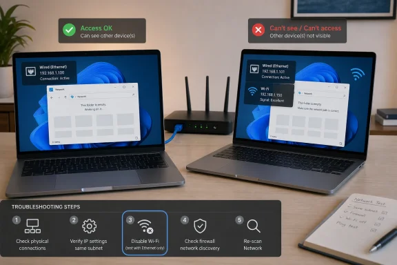 Two laptops on a desk showing wired OK vs Wi‑Fi cannot access, with router lights and troubleshooting steps.