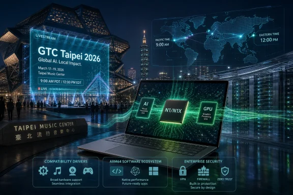 Nighttime GTC Taipei 2026 livestream at Taipei Music Center with global AI map, servers, and laptop interface.