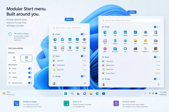 Two Windows 11 start menu mockups show a modular, resizable layout with app icons and settings.