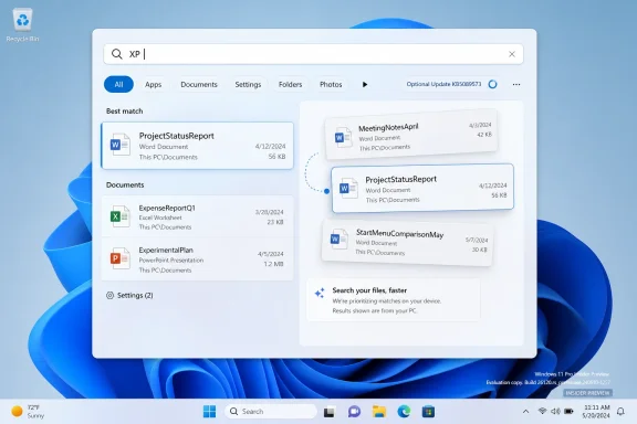 Windows 11 file search results shown on a desktop interface with document suggestions.