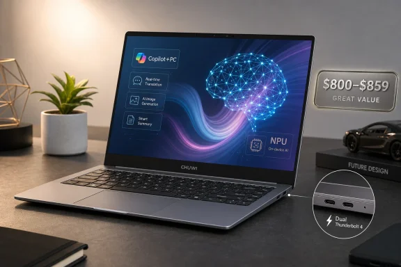 A Chuwi laptop on a desk displays Copilot+PC features and an AI network graphic.
