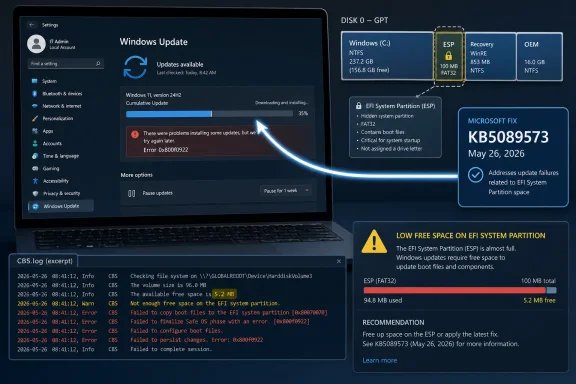 Windows Update screen shows KB5089573 failing due to low free space on the EFI system partition.