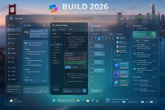 Futuristic “BUILD 2026” dashboard UI overlay on a San Francisco skyline at dusk.