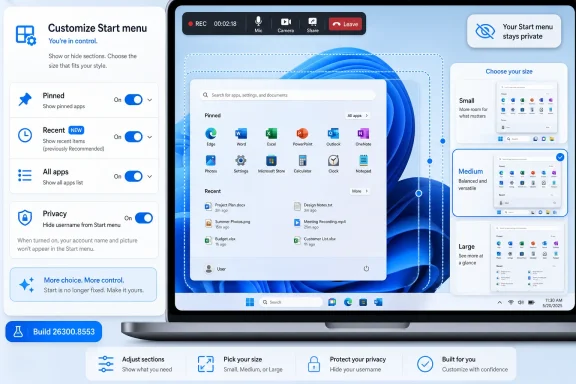 Windows Start menu customization screens on a laptop, showing pinned apps, privacy, and size options.