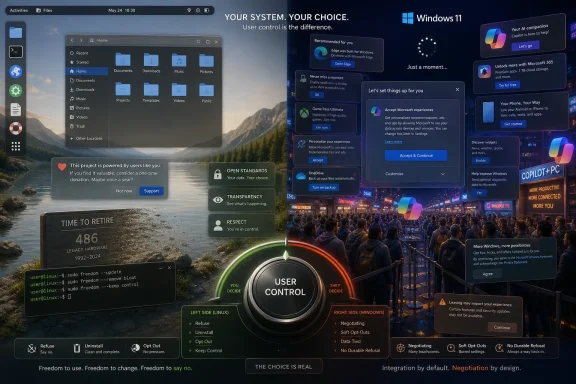 A Windows 11 “user control” themed composite showing multiple prompts, desktop windows, and a crowd scene.