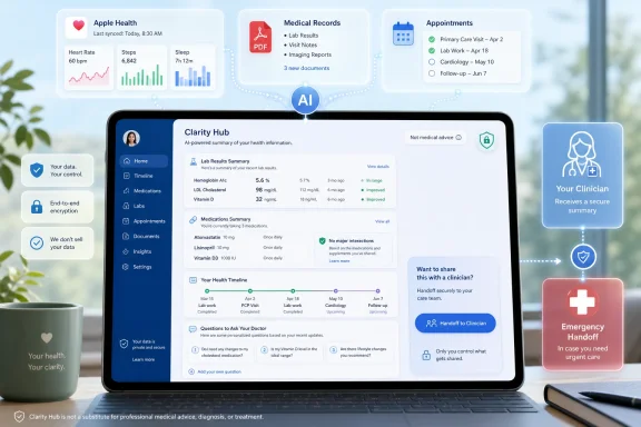 Futuristic AI health dashboard on a laptop showing lab summaries, appointments, and clinician handoff options.
