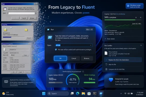 Windows 11 interface showing file copy, Run dialog, and legacy-to-fluent performance comparison.