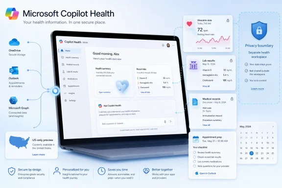 Microsoft Copilot Health dashboard shown on a laptop with connected secure health data panels.