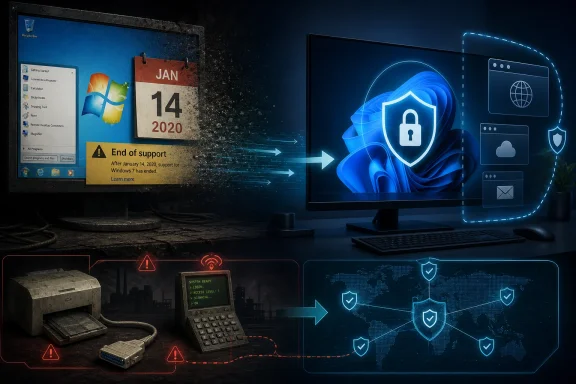 Cybersecurity-themed office display showing Windows end-of-support and an encrypted, protected data network.
