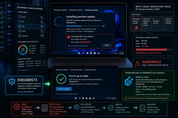 Windows 11 enterprise update dashboard shows installing preview update failing with 0x800f0922 due to low ESP space.