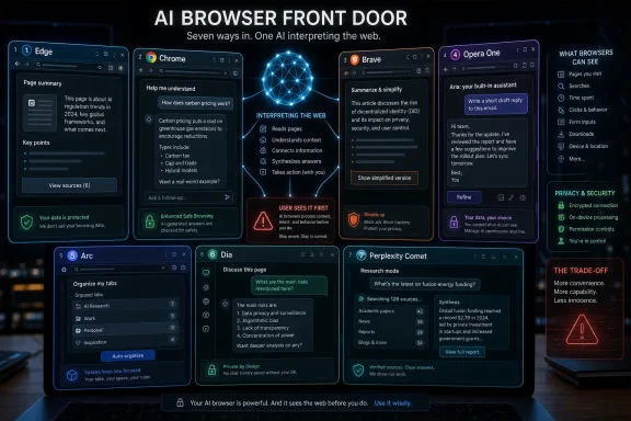 Neon infographic showing seven AI browser front-door modes interpreting the web across Chrome, Brave, Opera One, and more.