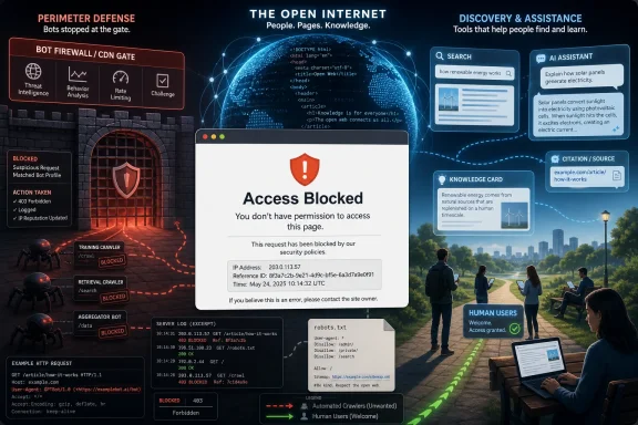 Access blocked page showing “You don’t have permission” with bot firewall, search, and discovery interface.