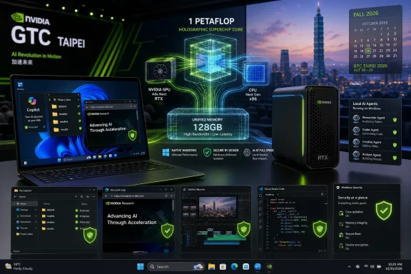 NVIDIA GTC Taipei 2026 promotional graphic showing AI hardware specs, unified 128GB memory, and RTX devices.