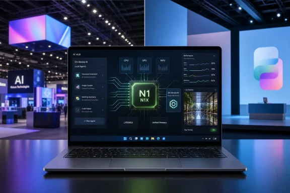 Laptop screen shows an AI hub dashboard with CPU/GPU/NPU metrics at a modern tech exhibition booth.
