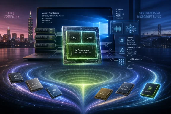 Futuristic image of CPU/GPU AI accelerator with Windows software features over a glowing data-flow ring.
