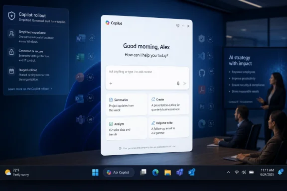 Copilot chat interface shows “Good morning” prompt with workplace rollout details in a blue office setting.