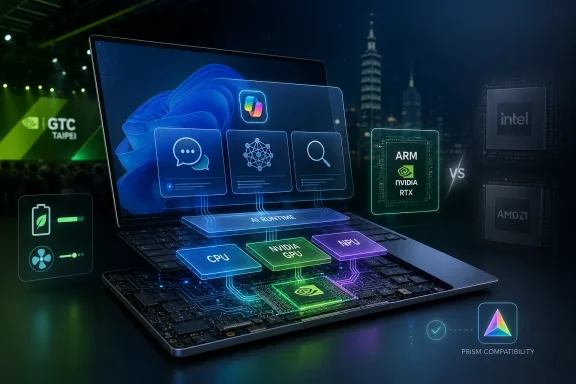 Futuristic laptop display shows AI runtime, CPU/GPU/NPU chips, and Intel vs ARM/NVIDIA in a city-tech scene.