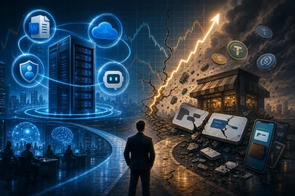 Futuristic trading interface contrasts with a war-torn street as tech and money symbols explode amid market charts.