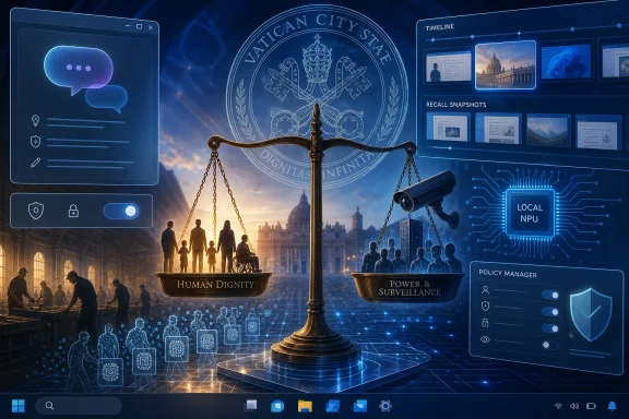 Futuristic civic interface shows a scales-of-justice theme balancing human dignity and surveillance.