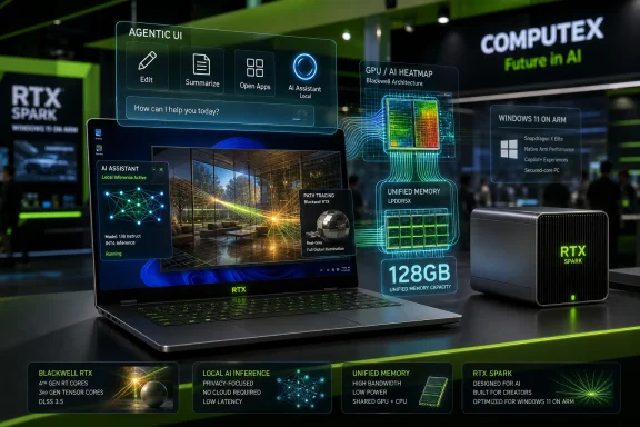 Futuristic RTX laptop display at COMPUTEX shows agentic UI, AI heatmap, and unified memory specs.