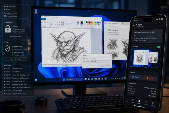 AI agent UI shows a Windows desktop sketching a goblin in Paint, with save dialog and live view on a phone.