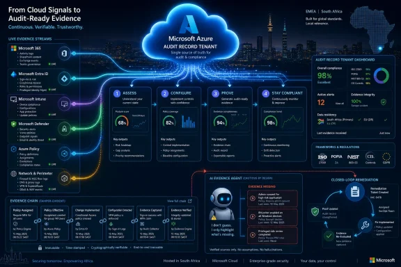 Microsoft Azure audit dashboard graphic showing cloud evidence streams and compliance metrics for South Africa.
