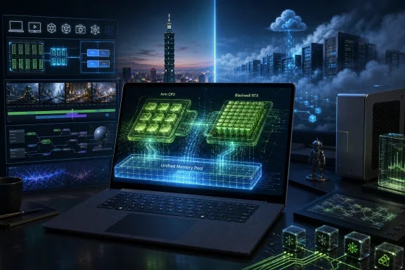 Futuristic data-center scene with a laptop projecting “Unified Memory Pool” and neon AI/CPU visuals.